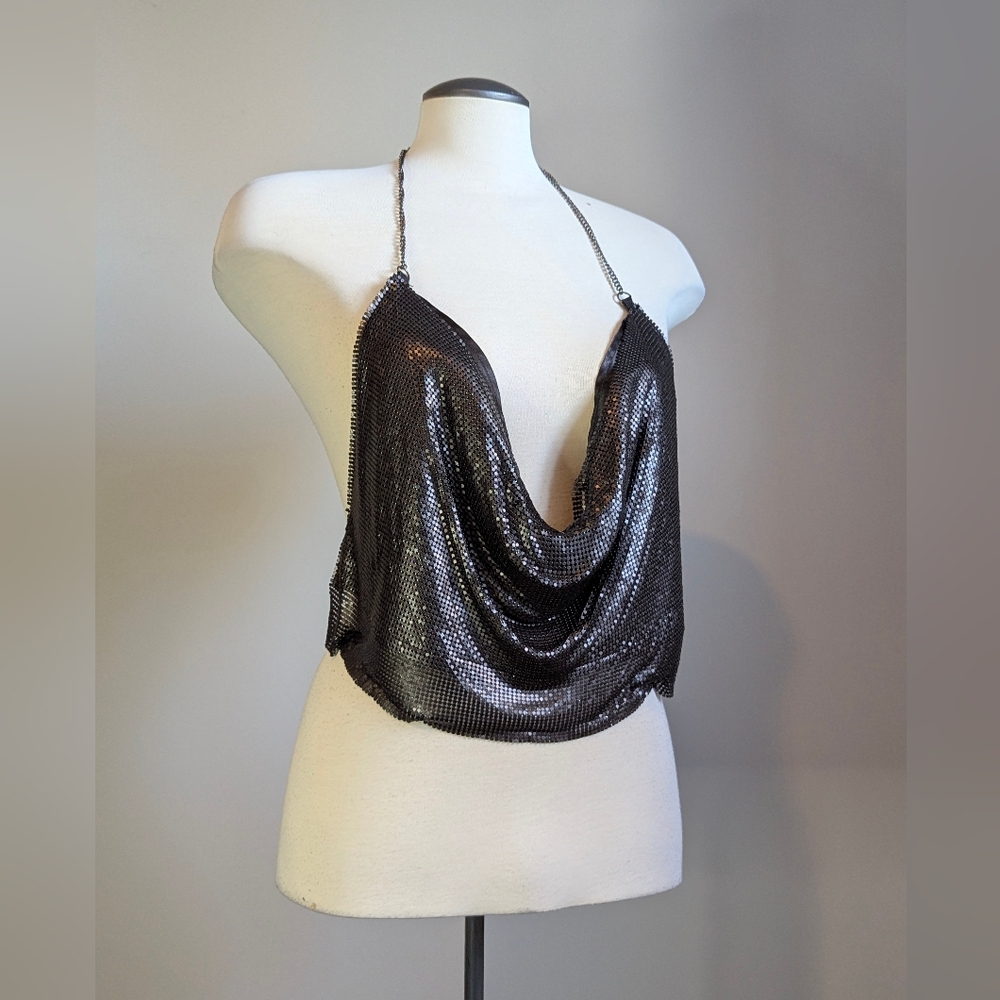 Y2K Gunmetal Metal Mesh Chain Halter Top Open Back Rave Festival Shirt